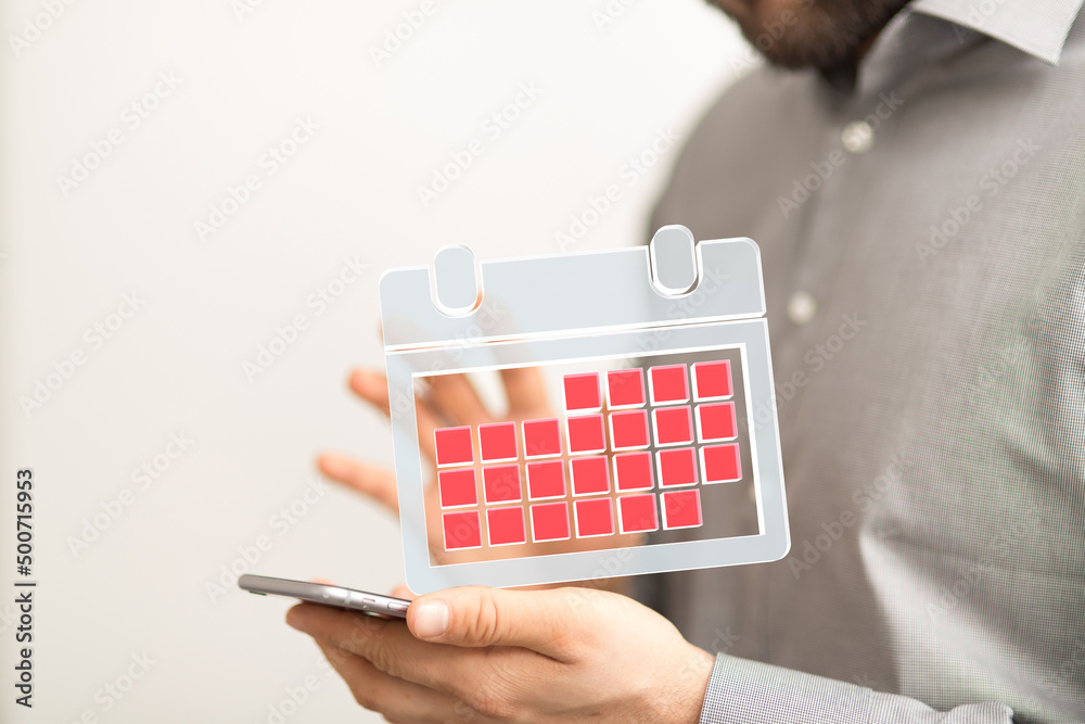 Poster Minimal calendar icon with hand isolate on soft pink background. Paper calendar icons. Calendar date  3d