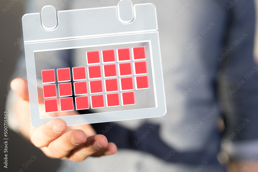 Poster Minimal calendar icon with hand isolate on soft pink background. Paper calendar icons. Calendar date  3d