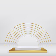 Abstract studio room with white and golden color pedestal podium. Vector