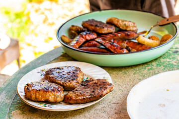 grilled sausages with vegetables