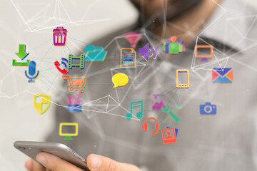 abstract lines with dots over dark background.