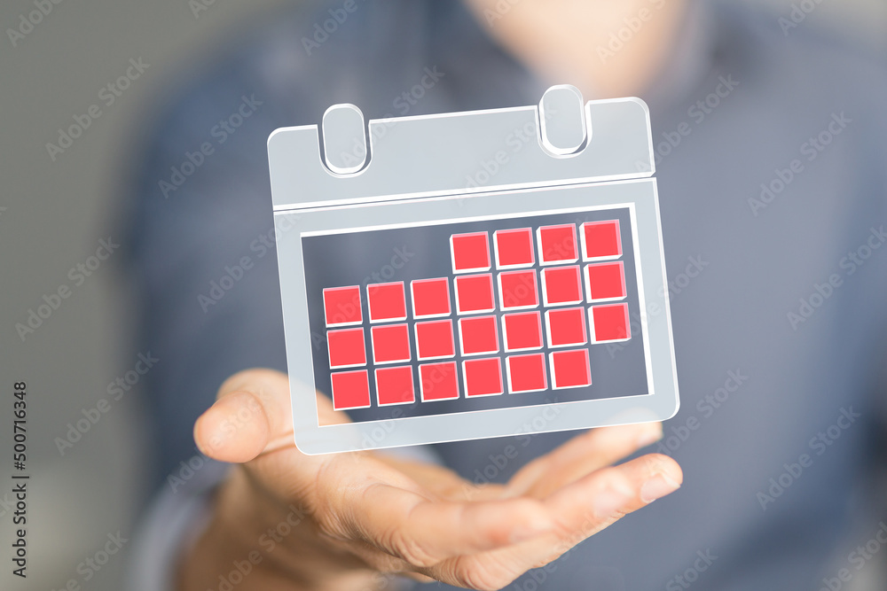 Poster Minimal calendar icon with hand isolate on soft pink background. Paper calendar icons. Calendar date  3d