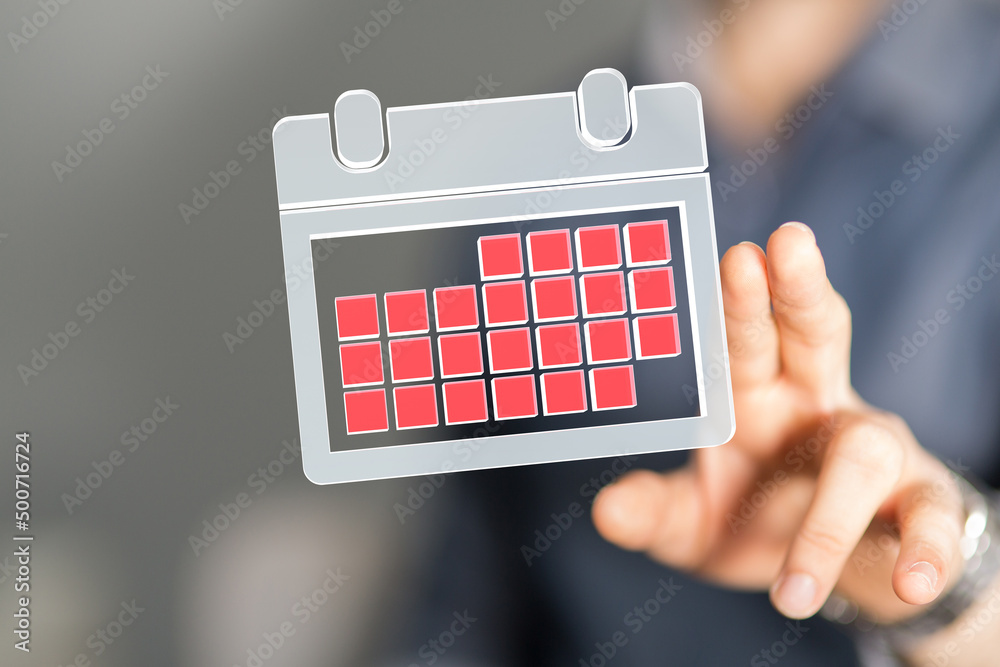 Poster Minimal calendar icon with hand isolate on soft pink background. Paper calendar icons. Calendar date  3d