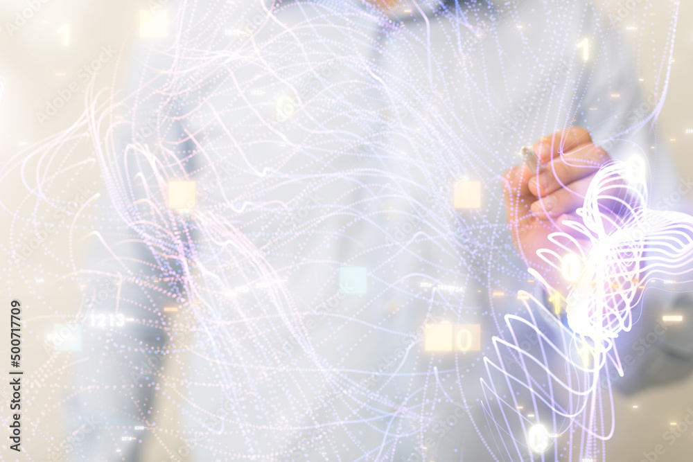 Poster businessman using data network with his fingers