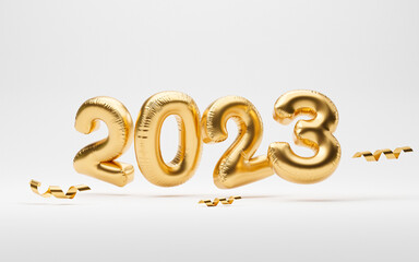 2023 golden balloon on white background for for preparation happy new year , merry Christmas and start new business concept by realistic 3d render. - obrazy, fototapety, plakaty