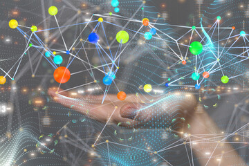 abstract lines with dots over dark background.