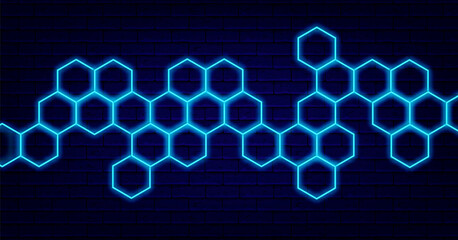 Blue honeycomb neon design. Polygonal natural shape. Abstract signboard. Editable stroke. Vector stock illustration