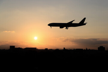 airplane landing at sunset