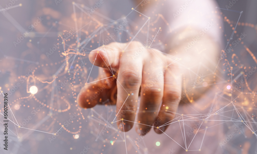 Poster businessman using data network with his fingers