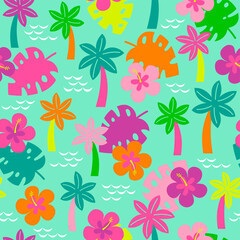Colorful palm tree, hibiscus and tropical leaf seamless pattern for summer holidays background.
