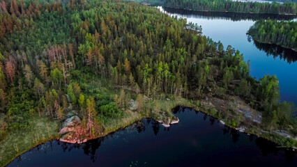 Flight over lakes and forests in Karelia near the village of Kuznechnoye in Russia.