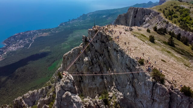  flight over suspension bridges at the peak of ai petri mountain in Crimea.