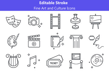 Fine Art and Culture Line Icons Set with Editable Stroke. Creative hobby outline isolated symbols bundle. Architecture, music, pottery classes signs. Theater tickets, gallery, drama and comedy symbols