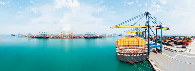 Aerial view of the containers cargo ship. Business logistic freight Transportation, cargo ship, cargo maritime ship, Shipping cargo to harbor, Nautical Vessel 