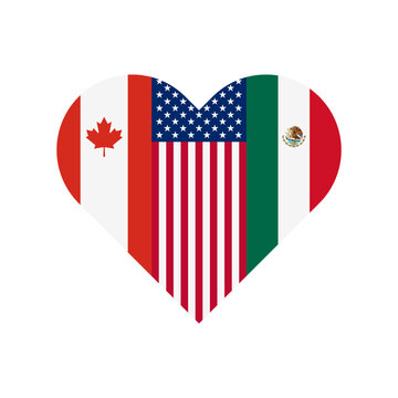 Unity Concept. North American Free Trade Agreement Members. Heart Shape Icon Of Canada, Usa And Mexico Flags. Vector Illustration Isolated On White Background