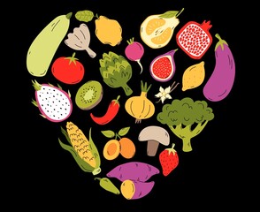 Organic foods frame template in form heart, hand drawn fruits and vegetables for menu cover, banner or brochure.
