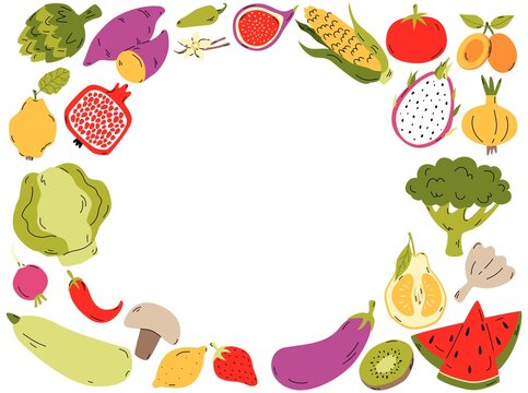 Organic foods frame template, hand drawn fruits and vegetables for menu cover, banner or brochure.