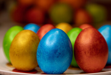 Colorful Easter eggs close-up in motion