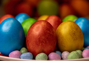Colorful Easter eggs close-up. Preparation for Easter. Painted Easter eggs.