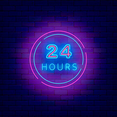 Open shop around the clock. Neon signboard on brick wall. Round emblem with 24 hours text. Vector stock illustration
