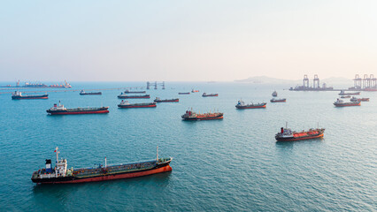 Fototapeta na wymiar Oil tanker ship of business logistic sea going ship, Crude oil tanker lpg ngv at industrial estate Thailand . Shipping cargo to harbor, Nautical Vessel 