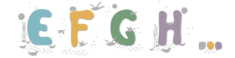 Set of hand drawn letters E, F, G, H. Flock of ducks, geese flies to moon, swim in pond among reeds. Abstract objects, spots, points, shadows. Vector illustration, birds, plants, water, pastel colors.