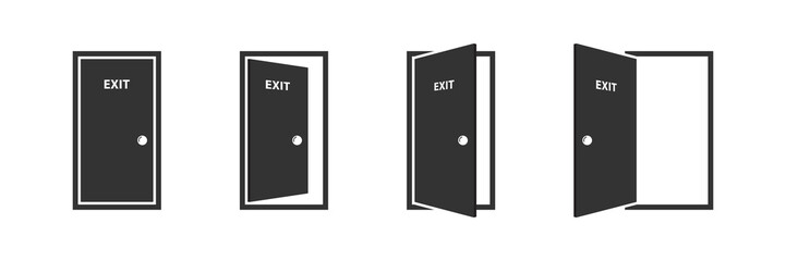 Open and closed office doors with exit label. Door icons set. Open, close and ajar door. Doors collection. Opened entrance door set. Vector illustration.