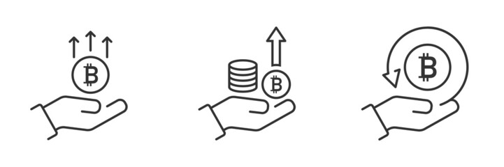 Pictograph of bitcoin in hand. Bitcoin growth icon. Coins in the hand. Financial growth icons. Hand and profit symbols. Business. Vector illustration.