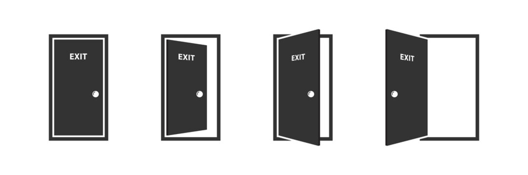 Open and closed office doors with exit label. Door icons set. Open, close and ajar door. Doors collection. Opened entrance door set. Vector illustration.