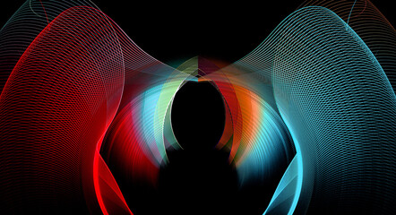 Colorful arcuate and wavy striped elements are arranged in layers and connected on a black background. Abstract fractal background. 3d rendering, 3d illustration.