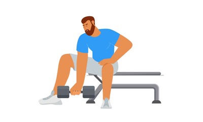 Fitness man doing workout with dumbbell at gym. Vector illustration in flat style, isolated on white background