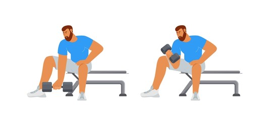 Fitness man doing workout with dumbbell at gym. Vector illustration in flat style, isolated on white background