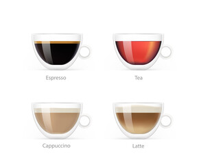 Set of drinks in a clear glass cup. Vector illustration isolated on white background. Ready to use for your design, presentation, promo, ad. EPS10.
