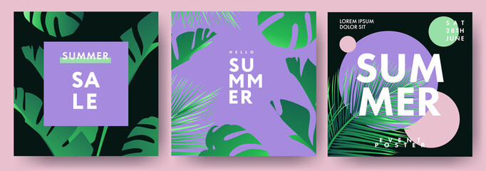 Summer banners, posters, covers with abstract tropical leaves and modern typography. Design templates for branding, social media advertising, promo events and Sale.Tropical Summer set in minimal style