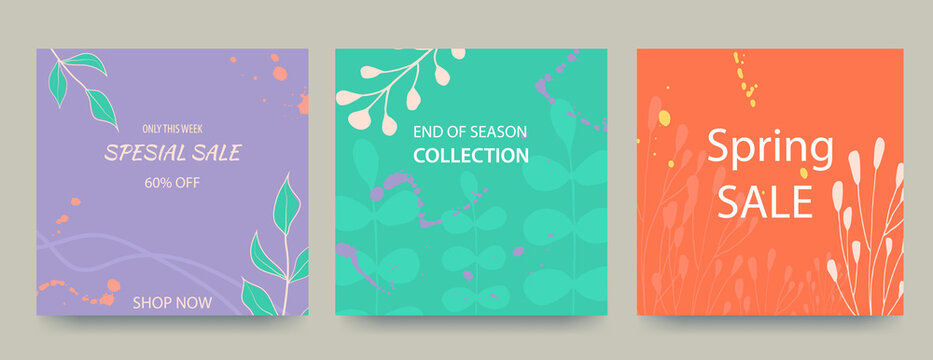 Spring square backgrounds in pastel colors. Minimalistic style with floral elements and texture. Editable sales template. Vector