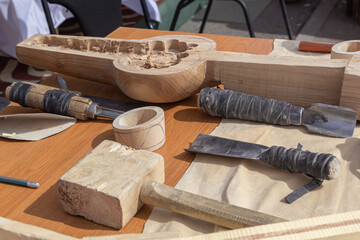Workshop for the manufacture of Kazakh folk musical instruments. Wood carving. Handmade