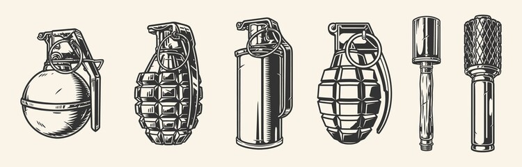 Hand grenades vintage set monochrome - obrazy, fototapety, plakaty