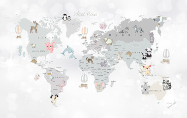 Fototapeta world map animals for kids room wallpaper design
 obraz
