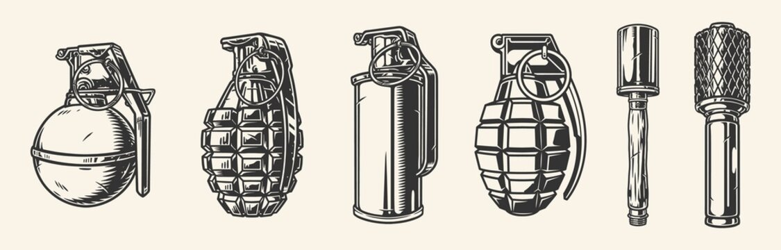 Hand grenades vintage set monochrome