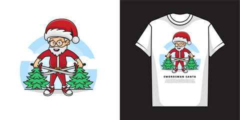 Cartoon Character of Cute Boy Santa Claus Wielding Two Katana Swords with T-Shirt Mockup Design