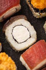 Japanese cuisine fresh rolls with fish close-up