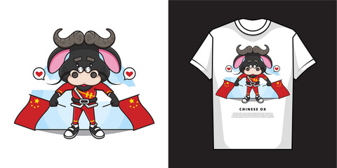 Cartoon Character of Adorable Ox is Holding Two Chinese Flags with T-Shirt Mockup Design