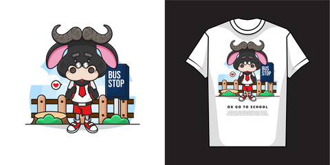 Cartoon Character of Adorable Ox is Waiting for the School Bus with T-Shirt Mockup Design