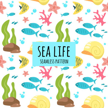 Cute sea life fish coral shell seamless pattern background vector 4k