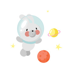 Cute Rabbit in the space. Cartoon style. Vector illustration. For kids stuff, card, posters, banners, children books, printing on the pack, printing on clothes, fabric, wallpaper, textile or dishes.