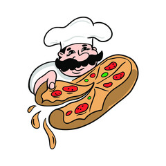 Italian chef with a pizza. Pizzaiolo vector illustration.