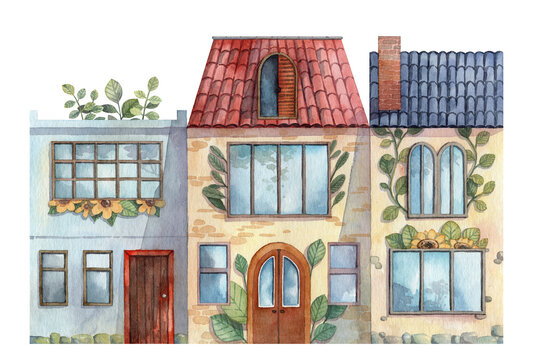 Cute spring town front view. Tiny houses facade with plants and flowers. Tiled roof and big windows. Watercolor hand painted illustration for greeting cards and post cards design
