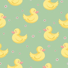Seamless vector pattern with cute hand drawn duck and daisy flowers. Kawaii animal background for kids room decor, nursery art, apparel, gift, fabric, textile, wrapping paper, wallpaper, packaging.