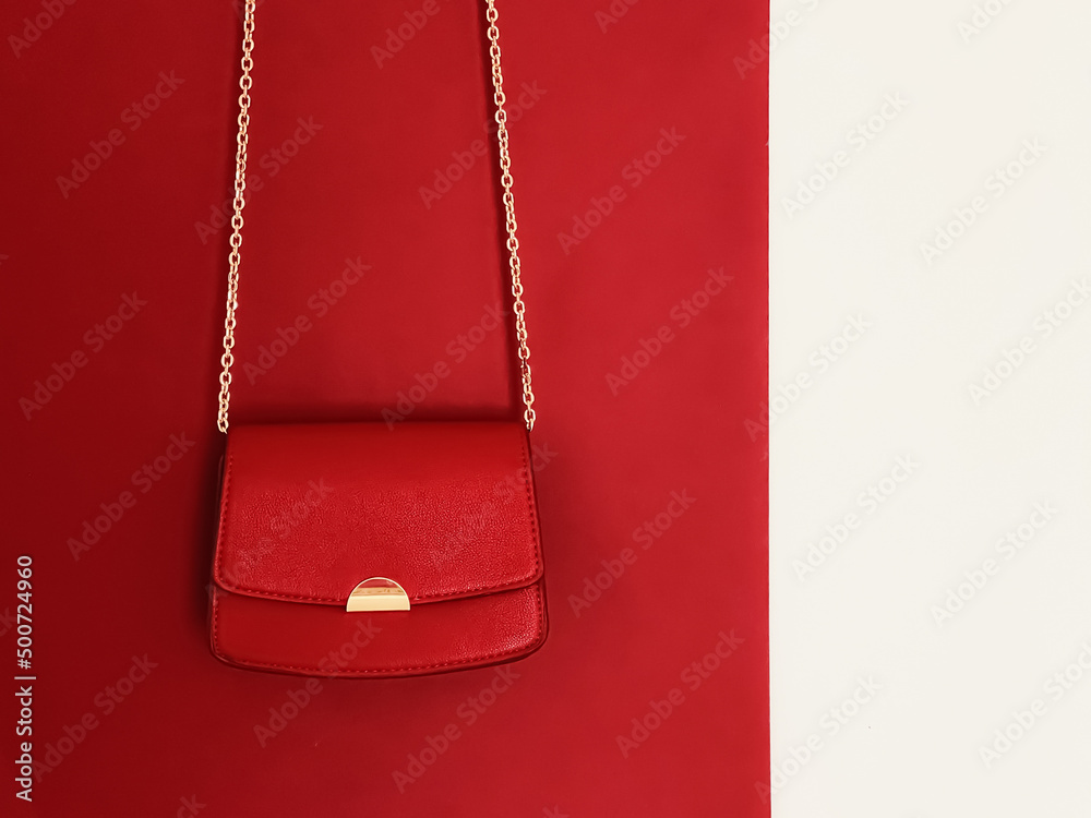 Sticker red fashionable leather purse with gold details as designer bag and stylish accessory, female fashio