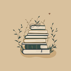 Concept:book is source of knowledge.Glasses on stack of books.Pile of volumes surrounded by plants as symbol of education and reading book.For library or bookstore.Hand drawn vector